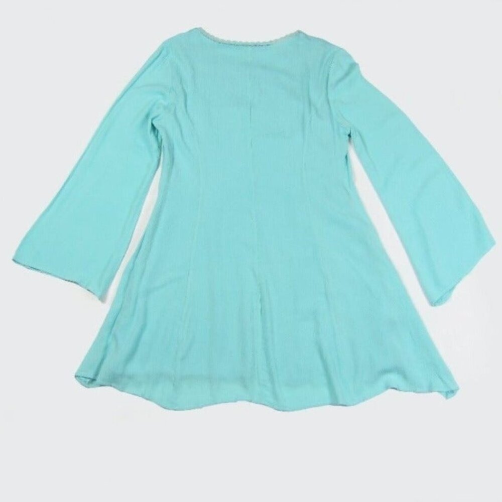 Small A-line Mini Dress Aqua Teal Blue Long Bell Sleeves w/ Lace Scoop Neck NEW - Picture 2 of 12